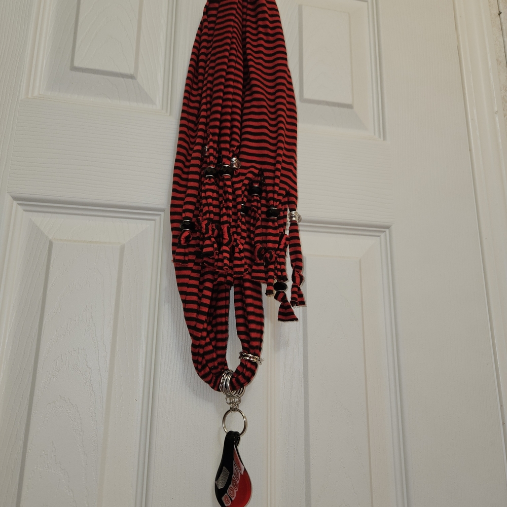 Red and Black Striped Women's Scarf with Pendant